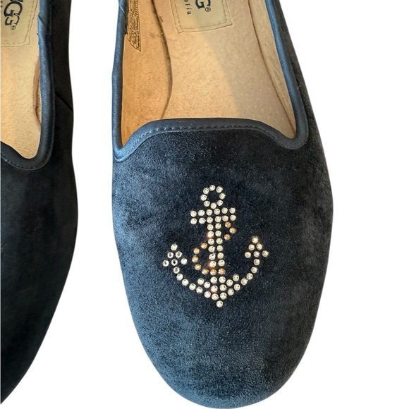 UGG Navy Blue Alloway Crystal Bow Flats Nautical Anchor Slip On Velvet Size 6 - Picture 3 of 11